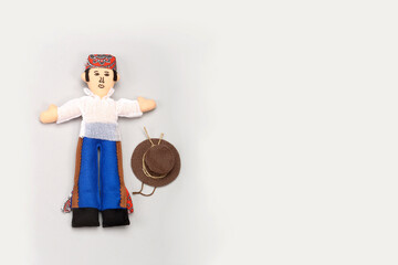 Rag doll of priest Jose Maria Morelos y Pavon, Mexican hero, on white background, space for text