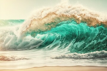 Sea wave on the sandy beach. Travel concept. AI generated