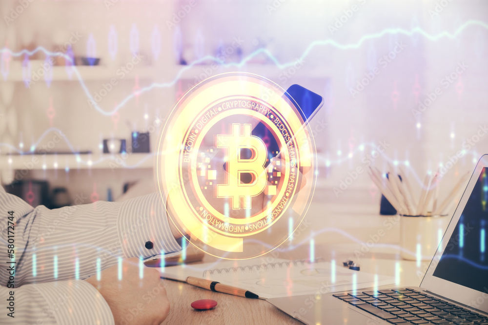 Poster double exposure of man's hands holding and using a phone and crypto currency blockchain theme drawin
