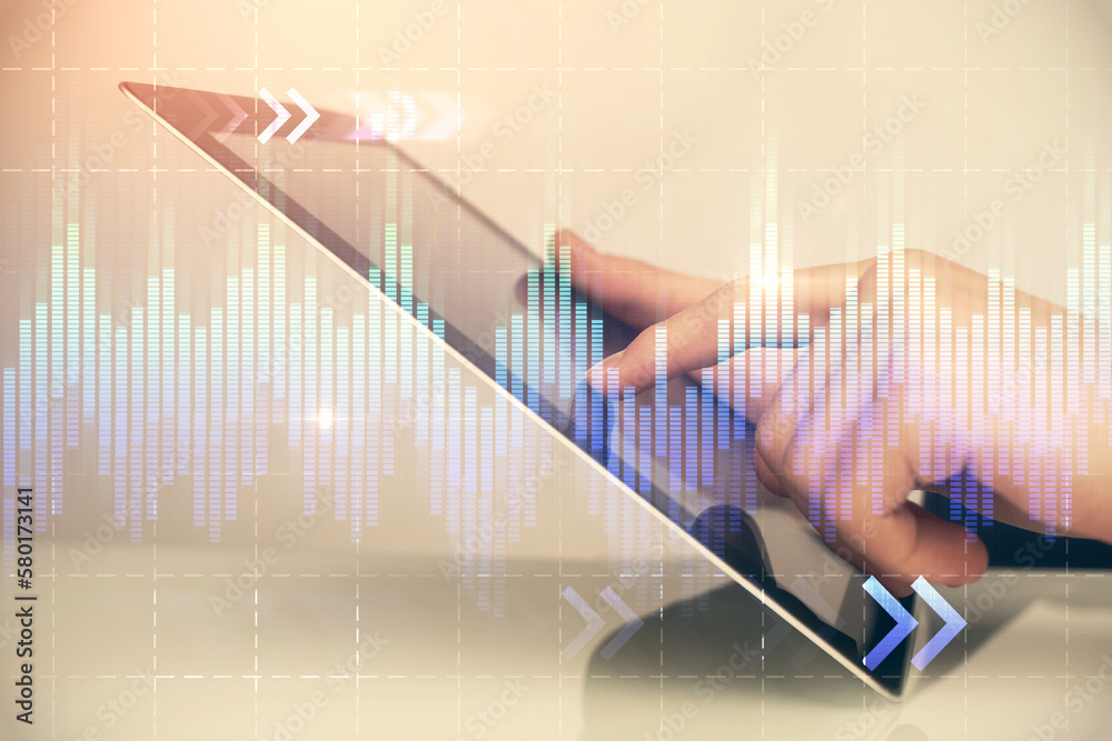Poster multi exposure of man's hands holding and using a digital phone and forex graph drawing. financial m