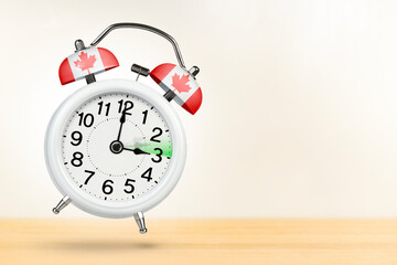 Time change in Canada, spring forward. Summer time concept, over white background. A white alarm clock with a minute hand indicates that the time has been moved forward an hour with copy space.