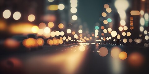 Abstract background with bokeh defocused street lights. Traffic in night.