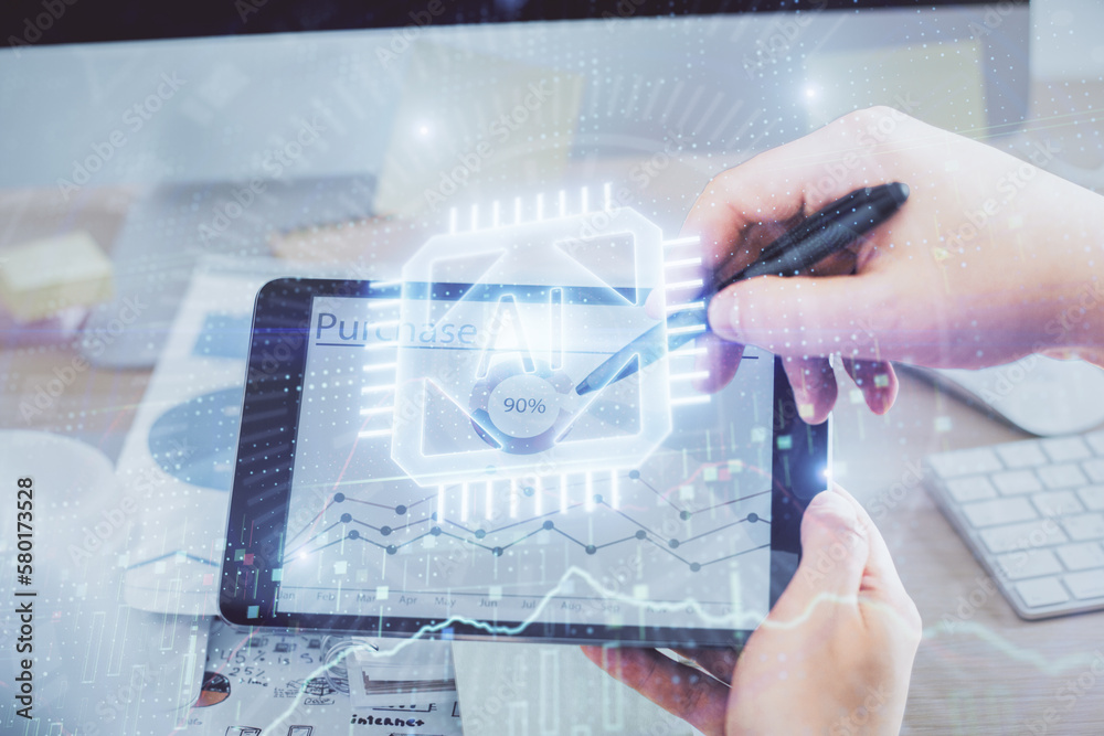 Aufkleber Multi exposure of man's hands holding and using a digital device and data theme drawing. Innovation concept.