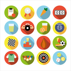 Fototapeta premium Collection of icons with different sports and healthy eating in flat design with shadows