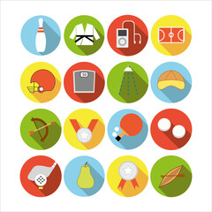 Collection of icons with different sports and healthy eating in flat design with shadows