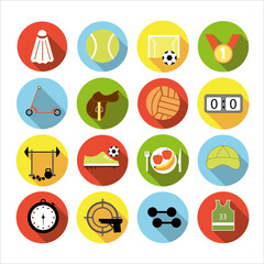 Fototapeta premium Collection of icons with different sports and healthy eating in flat design with shadows