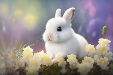 Easter white rabbit in the spring flowers background. Realistic cute baby bunny. Happy Easter background. Generative AI