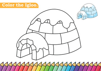 Coloring page for Igloo vector illustration. 
Kindergarten children Coloring pages activity worksheet with cute Igloo cartoon. 
Igloo isolated on white background for color books. - obrazy, fototapety, plakaty