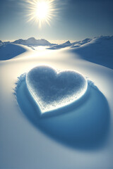 Fototapeta premium Winter scenery, on sunny day, ice frozen heart shape sculpture on snow landscape. Generative Ai