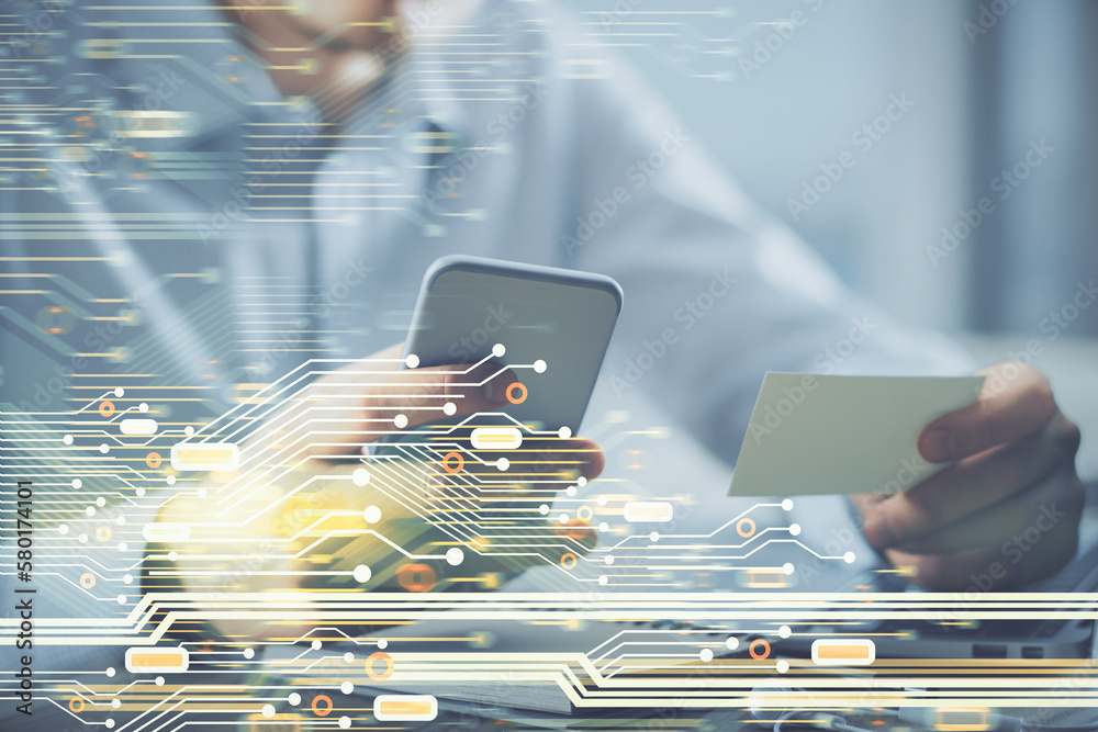 Poster Multi exposure of man's hands holding and using a digital device and data theme drawing. Innovation concept.