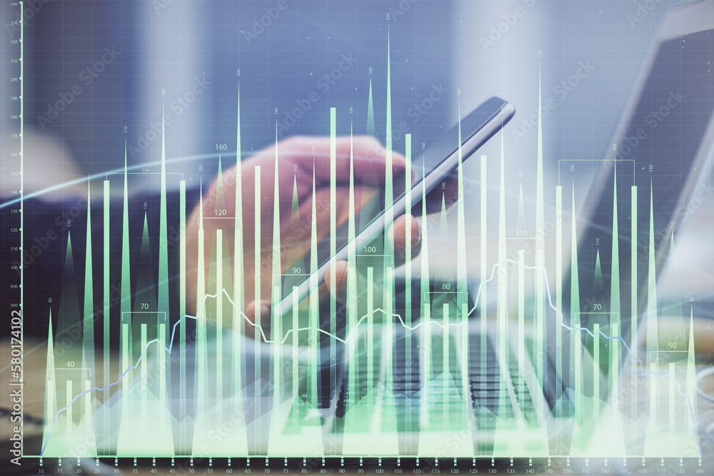 Aufkleber double exposure of man's hands holding and using a phone and financial graph drawing. analysis conce