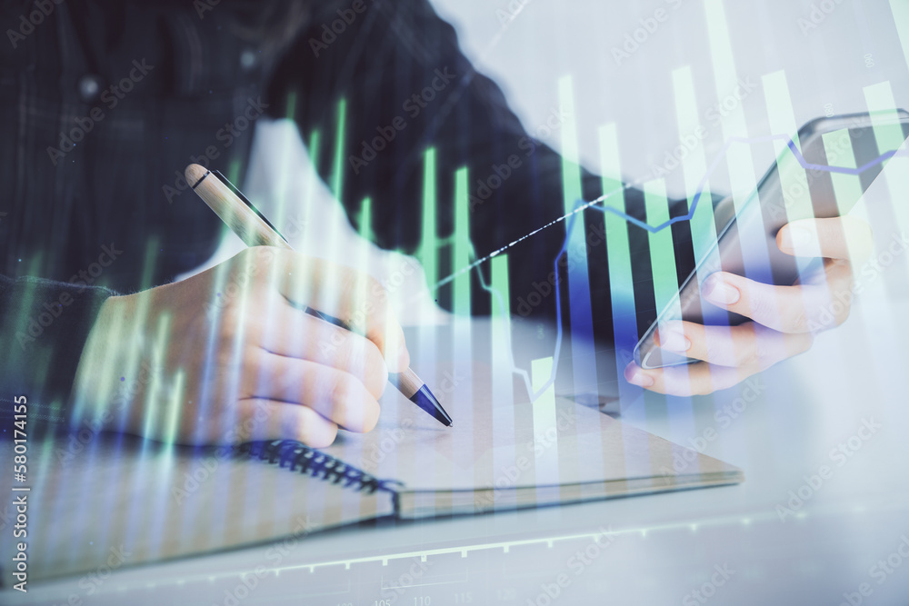 Poster double exposure of forex graph sketch hologram and woman holding and using a mobile device. stock ma