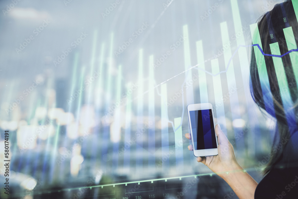 Poster double exposure of forex chart sketch hologram and woman holding and using a mobile device. stock ma