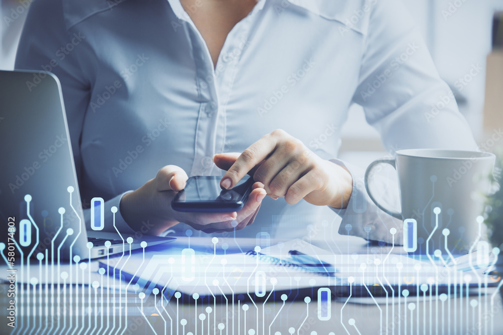 Aufkleber Double exposure of technology sketch hologram and woman holding and using a mobile device. Ai concept