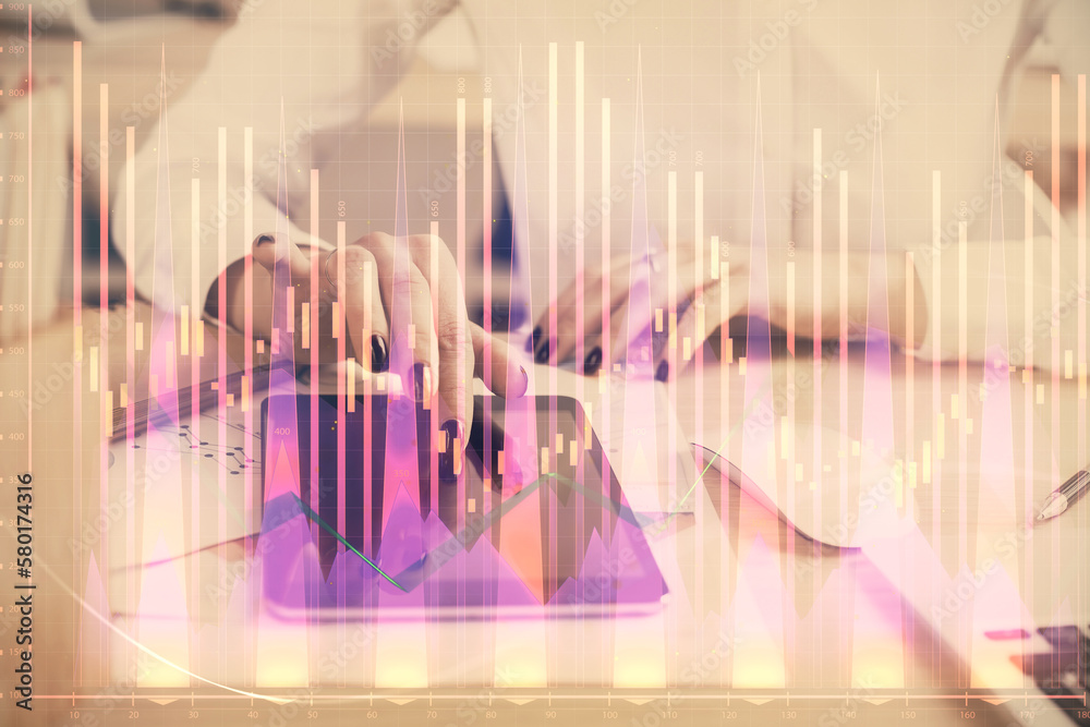 Aufkleber double exposure of forex chart sketch hologram and woman holding and using a mobile device. financia