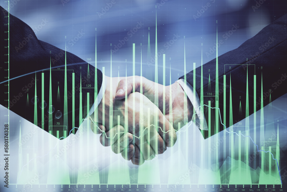 Poster double exposure of forex graph hologram and handshake of two men. stock market concept.