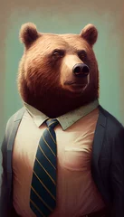 Fotobehang A humorous portrait of a bear-headed office worker, looking slightly befuddled as he tries to navigate his way through the corporate world. Generative AI © Denis Yevtekhov