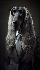 Naklejka na ściany i meble An elegant portrait of an Afghan Hound-headed executive, with a refined manner that sets her apart in boardroom meetings. Generative AI