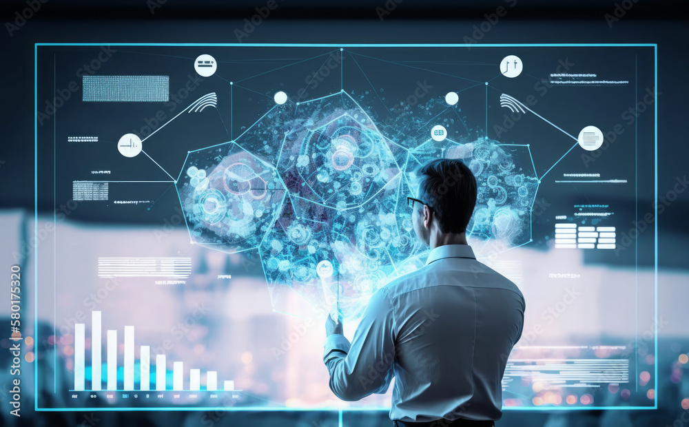 Aufkleber scientists using big data analytics visualization technology and information structure analysis on a