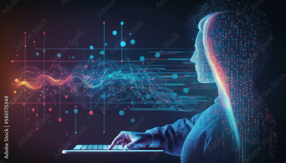 Poster data science and big data technology. data scientists are using virtual screens to query, analyze, a