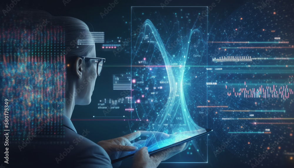 Aufkleber data science and big data technology. data scientists are using virtual screens to query, analyze, a