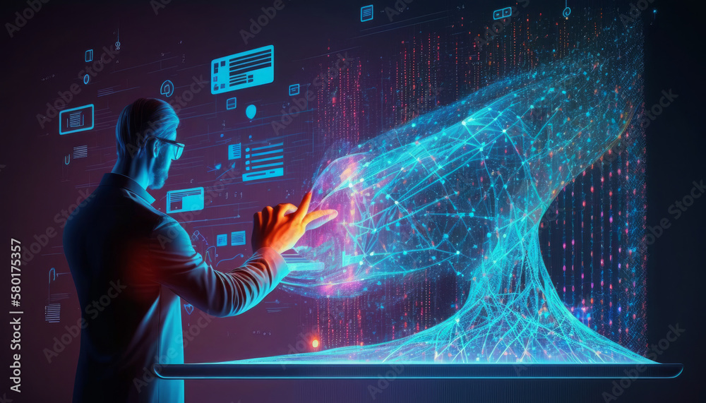 Poster data science and big data technology. data scientists are using virtual screens to query, analyze, a