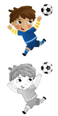 cartoon scene with kid playing running sport ball soccer football - illustration for children