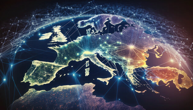Communication technology with global internet network connected in Europe. Telecommunication and data transfer european connection links. IoT, finance, business, blockchain, security. Generative AI