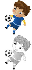 cartoon scene with kid playing running sport ball soccer football - illustration for children