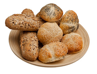 various types of rolls, bread with sesame seeds, poppy seeds, sunflower seeds, oatmeal, on a bamboo plate,png