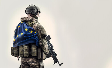 Fototapeta na wymiar A soldier with a machine gun and with the flag of the European Union. EU flag. AI generated
