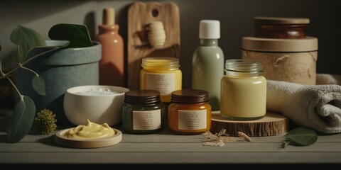 Homemade natural skincare products made with organic ingredients and displayed on wooden shelf, concept of Organic Skincare and DIY Skincare, created with Generative AI technology