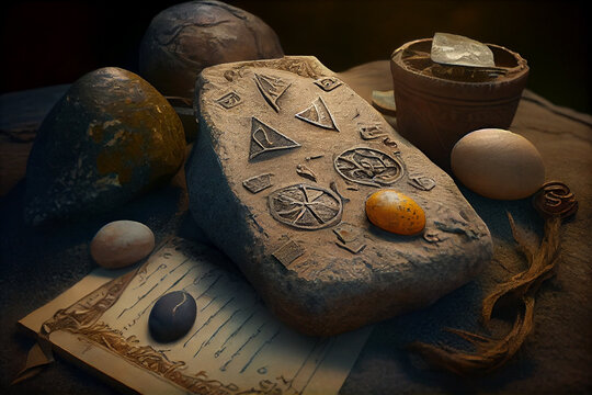 Weird divination by rune cards and stones with ancient manuscript on wooden table. Esoteric, gothic and occult background, Halloween mystic concept. Close up of runes and crystal stone on the