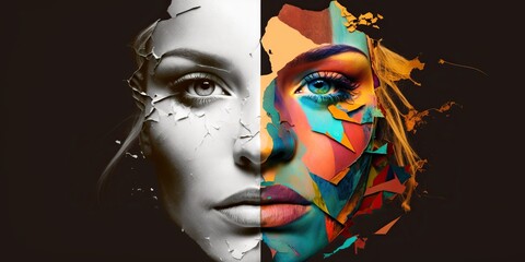 Face split down the middle with one half being realistic portrait and the other half consisting of abstract shapes and colors - obrazy, fototapety, plakaty