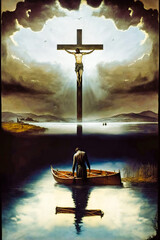 Surrealist painting of a crucified Christ above a lake - generativ ai