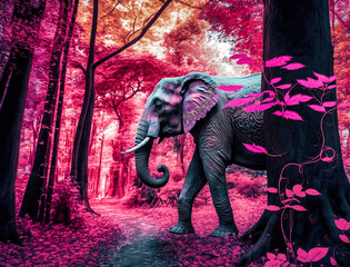 An elephant in a psychedelic pink forest - generative ai
