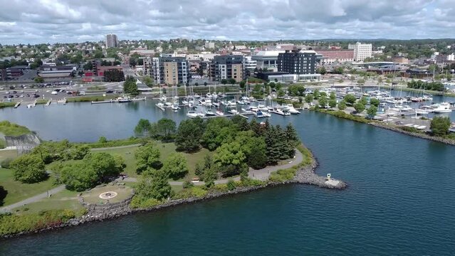 Aerial view of Thunder Bay Ontario Canada Prince Arthur's Landing water front with beautiful blue sky white clouds