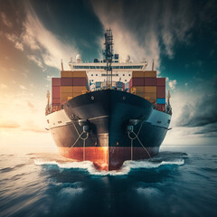 Cargo ship delivers cargo across the ocean. Cargo shipping transportation logistic commerce industry loading export on sea with blue cloud sky background. High quality illustration.