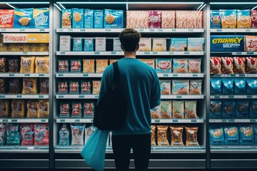 Fotobehang Person buying generic brand items instead of more expensive options, concept of Cost Consciousness and Bargain Shopping, created with Generative AI technology © koldunova