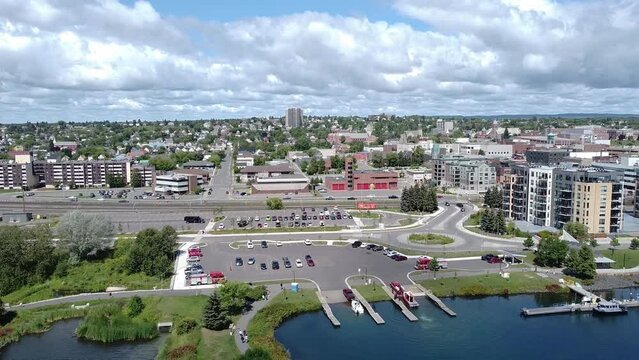 Aerial view of Thunder Bay Ontario Canada Prince Arthur's Landing water front with beautiful blue sky white clouds
