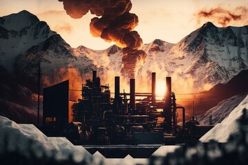 foundry foundry double exposure against background of mountains covered with snow at sunset, created with generative ai
