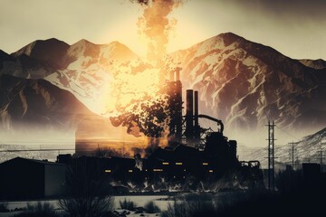 foundry foundry double exposure against background of mountains covered with snow at sunset, created with generative ai