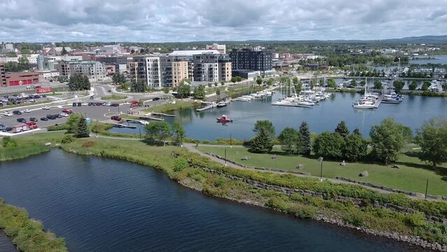 Aerial view of Thunder Bay Ontario Canada Prince Arthur's Landing water front with beautiful blue sky white clouds