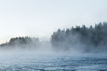 Foggy morning by the water