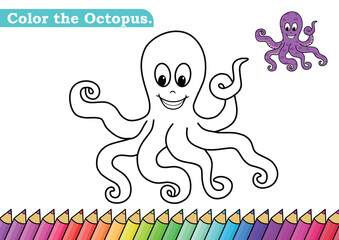 Coloring page for Octopus vector illustration. 
Kindergarten children Coloring pages activity worksheet with funny Octopus cartoon. 
Octopus isolated on white background for color books.