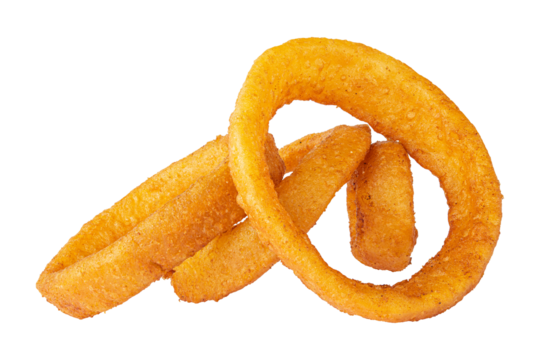 Onion rings. Deep fried onion rings. Breaded crispy vegetable. Snack for beer or vine. Fast food Restaurant. Junk food. Cooked tasty appetizer meal. Fried squid rings. White Isolated background.
