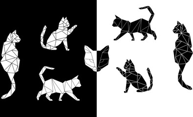 Polygonal silhouettes of cats. Black and white variant.