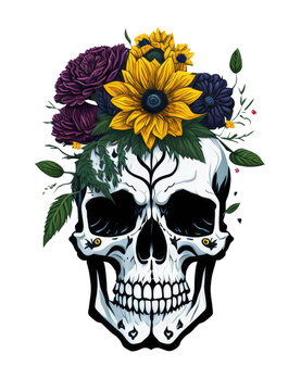 Skull art with various flower