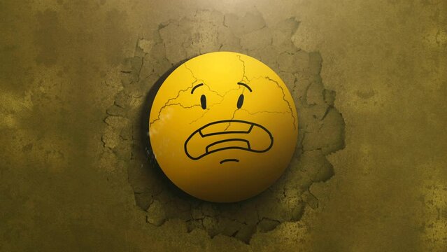 Yellow Smiley Face Hits the Wall 4K Loop features a yellow grungy wall with smoke blowing and then a smiley face crashing into the wall and frowning in a loop.