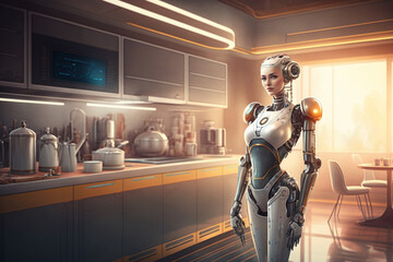Android robot metal woman at her kitchen preparing food, creative ai with copy space